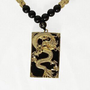 SJ Pearl Black Obsidian and Gold Tone Bead Dragon Necklace